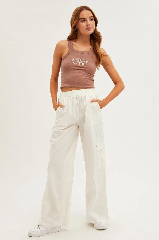 White Wide Leg Cargo Pants High Rise Soft Wool Pants
