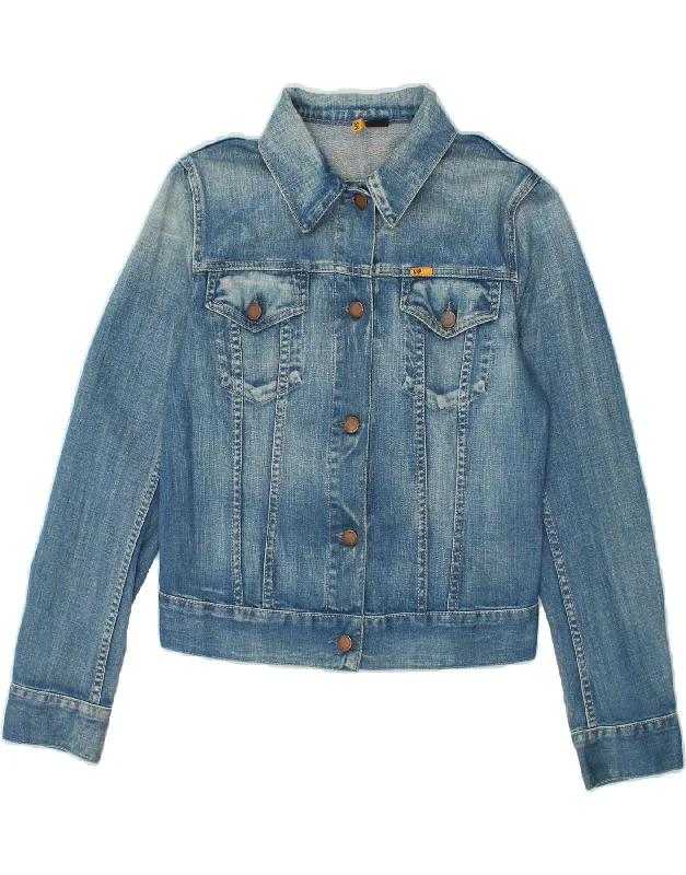 MELTIN' POT Womens Crop Denim Jacket UK 10 Small Blue Cotton Satin Jacket Silk Jacket Chiffon Jacket MELTIN' POT Womens Crop Denim Jacket UK 10 Small Blue Cotton Satin Jacket Silk Jacket Chiffon Jacket