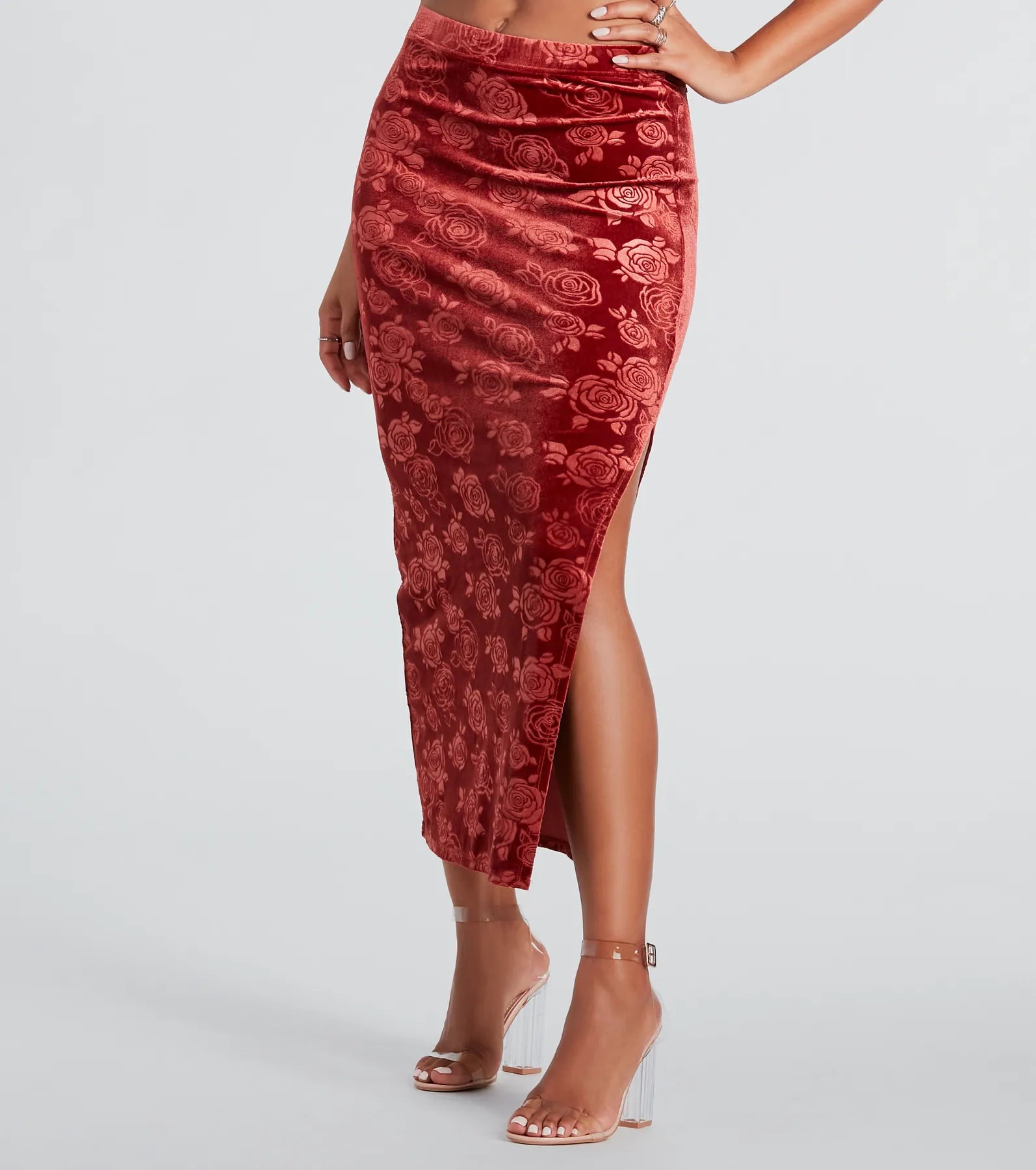 Loves Me Velvet Floral Midi Skirt satin skirt smooth