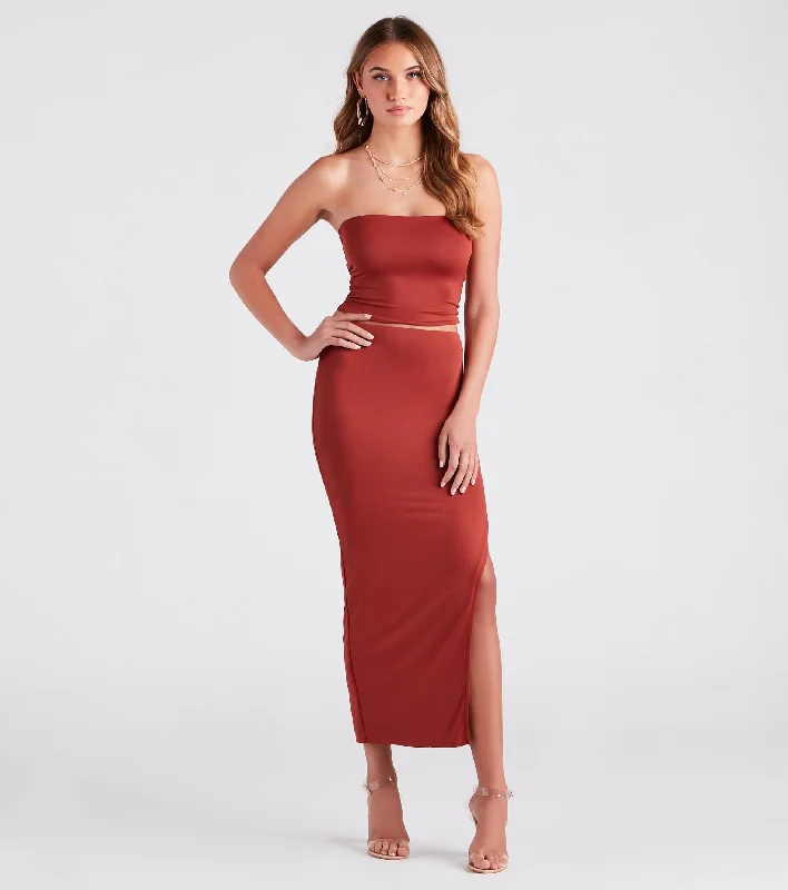Smooth Silhouette Slit Midi Skirt linen skirt natural