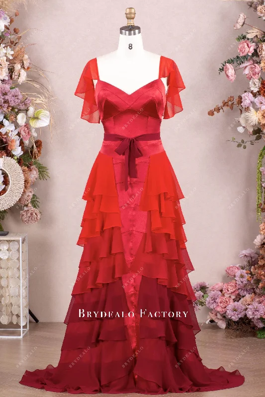 Ombre Red Flutter Sleeve Tiered Chiffon Aline Prom Dress Tunics Versatile functional Ombre Red Flutter Sleeve Tiered Chiffon Aline Prom Dress Tunics Versatile functional