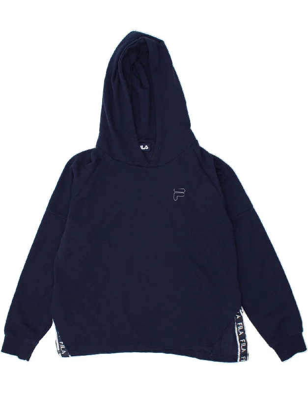 FILA Womens Oversized Graphic Hoodie Jumper UK 10 Small Navy Blue Cotton Hoodie with Elastic Cuffs Stretchable Comfortable FILA Womens Oversized Graphic Hoodie Jumper UK 10 Small Navy Blue Cotton Hoodie with Elastic Cuffs Stretchable Comfortable