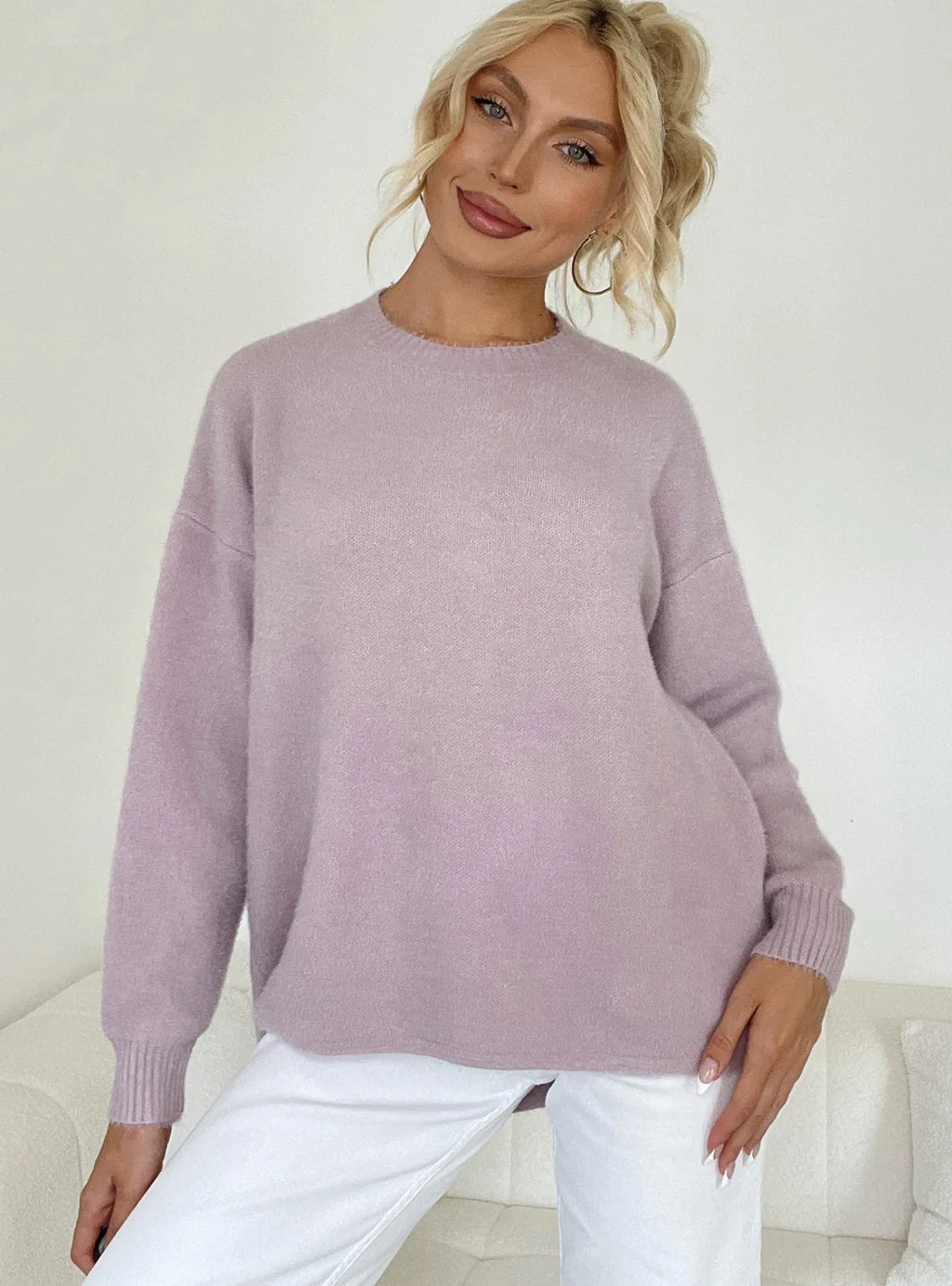 STYLISH ROUND NECK LOOSE SOLID COLOR SWEATER Lace Blend Ribbed Blend Corduroy Blend