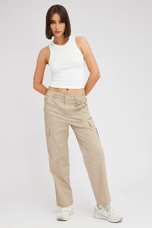 Beige Cargo Pants Mid Rise Casual Yoga Pants