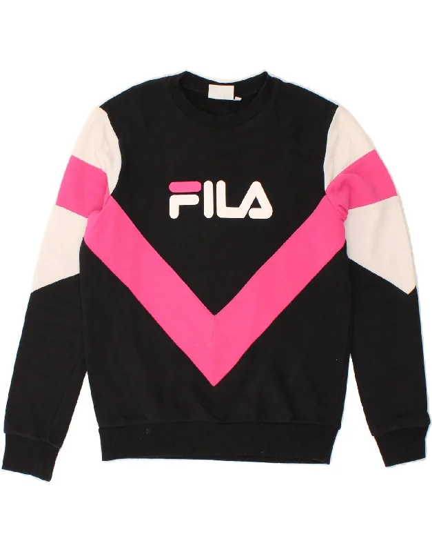 FILA Womens Graphic Sweatshirt Jumper UK 8 Small Black Colourblock Hoodie with Magnetic Closure Innovative Modern FILA Womens Graphic Sweatshirt Jumper UK 8 Small Black Colourblock Hoodie with Magnetic Closure Innovative Modern