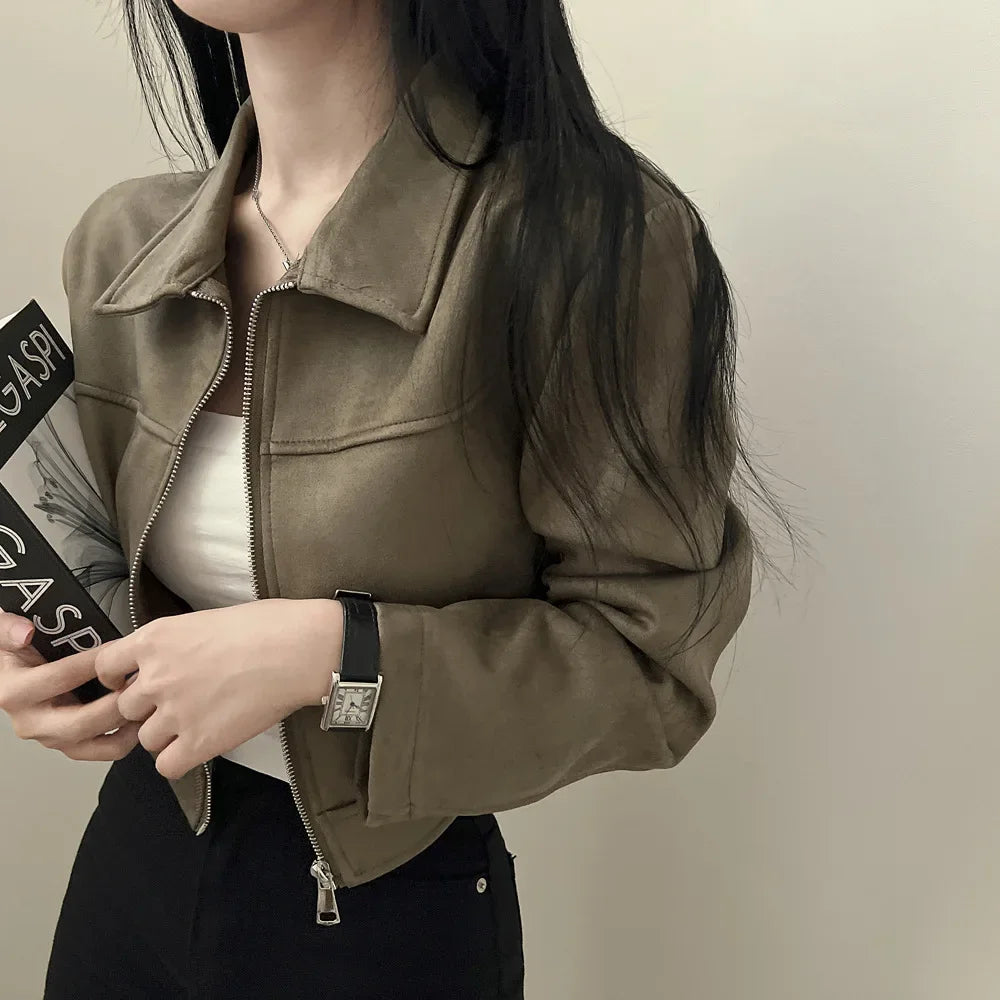 ChicAutumn Korean Style Vintage Simple Slimming Versatile Zippered Lapel Chamois Leather Fluffy Short Jacket For Women Notch Collar Peter Pan Collar Cowl Neck ChicAutumn Korean Style Vintage Simple Slimming Versatile Zippered Lapel Chamois Leather Fluffy Short Jacket For Women Notch Collar Peter Pan Collar Cowl Neck