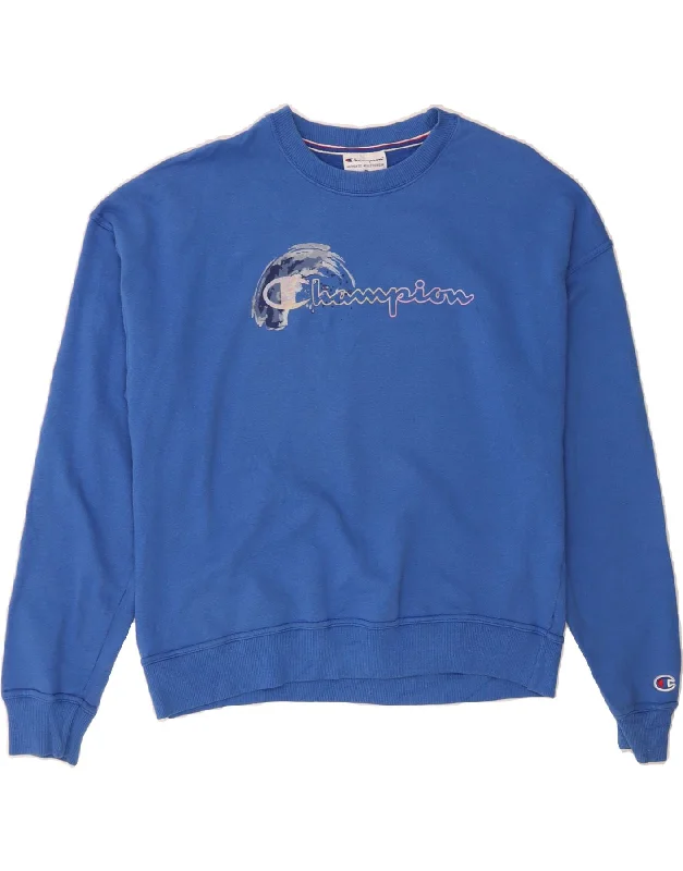 CHAMPION Womens Graphic Sweatshirt Jumper UK 14 Medium Blue Cotton Hoodie with Thumb Holes Functional Cozy CHAMPION Womens Graphic Sweatshirt Jumper UK 14 Medium Blue Cotton Hoodie with Thumb Holes Functional Cozy