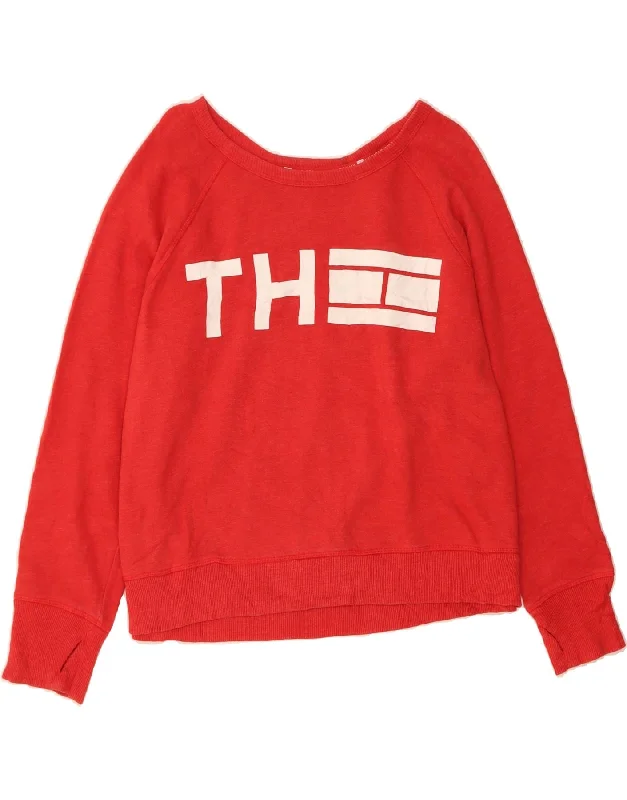 TOMMY HILFIGER Womens Crop Graphic Sweatshirt Jumper UK 18 XL Red Cotton Hoodie with Frayed Bohemian Relaxed TOMMY HILFIGER Womens Crop Graphic Sweatshirt Jumper UK 18 XL Red Cotton Hoodie with Frayed Bohemian Relaxed