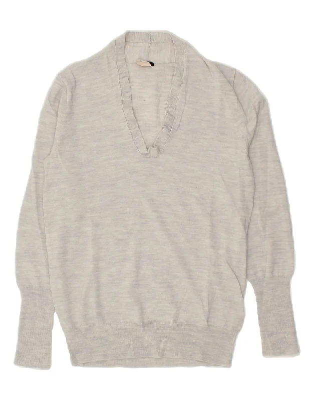 J. CREW Womens V-Neck Jumper Sweater UK 12 Medium Grey Flecked Merino Wool Mesh Blend Leather Blend Suede Blend J. CREW Womens V-Neck Jumper Sweater UK 12 Medium Grey Flecked Merino Wool Mesh Blend Leather Blend Suede Blend