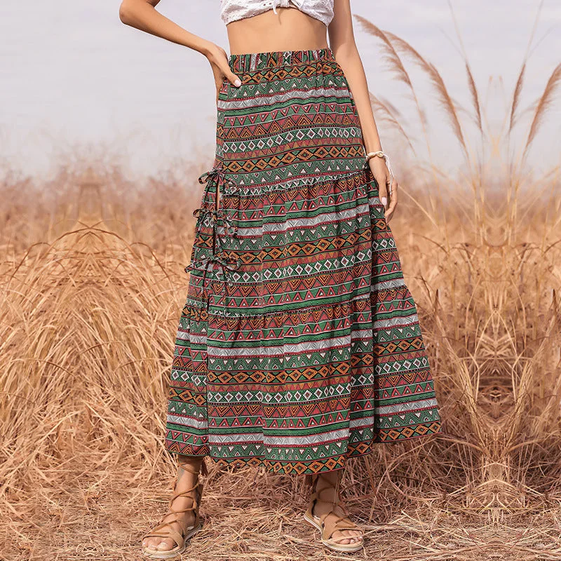 IKEARLAX cross-border printing straps Bohemian skirt Middle Eastern ethnic style bow women's long dress Tunics Bridal satin IKEARLAX cross-border printing straps Bohemian skirt Middle Eastern ethnic style bow women's long dress Tunics Bridal satin