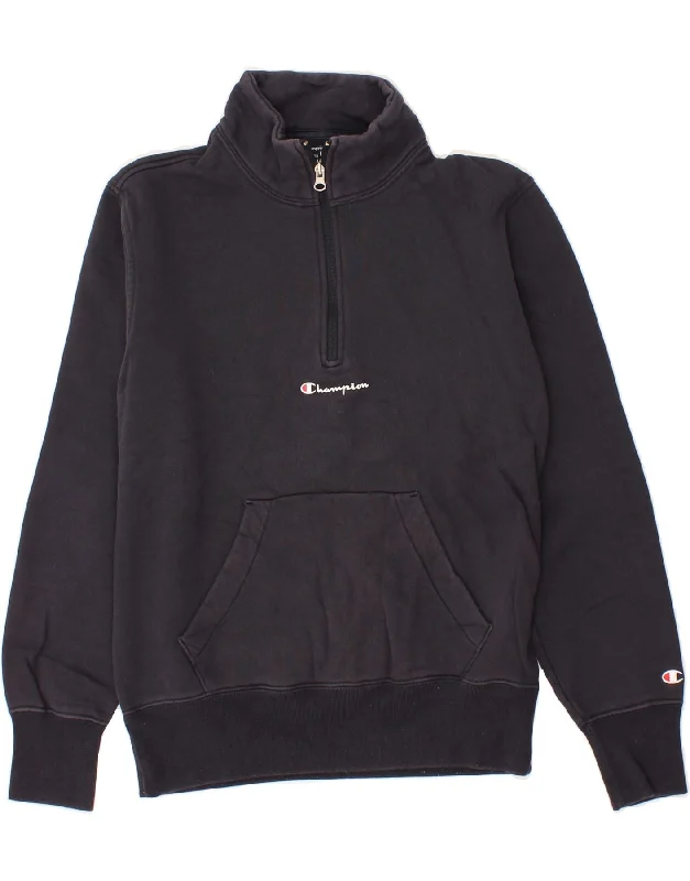CHAMPION Womens Zip Neck Sweatshirt Jumper UK 10 Small Navy Blue Cotton Hoodie with Hem Elastic Stretchable Comfortable CHAMPION Womens Zip Neck Sweatshirt Jumper UK 10 Small Navy Blue Cotton Hoodie with Hem Elastic Stretchable Comfortable