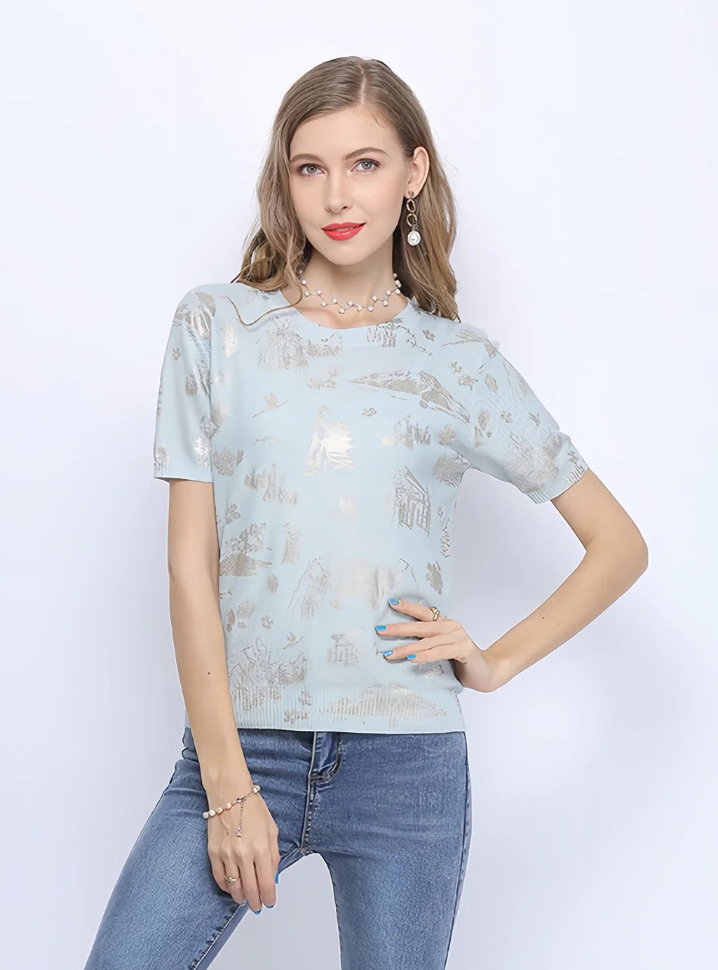 CLASSY HOT STAMPING PRINT LOOSE SHORT SLEEVE SWEATER Welt Pockets Slit Pockets Flap Pockets CLASSY HOT STAMPING PRINT LOOSE SHORT SLEEVE SWEATER Welt Pockets Slit Pockets Flap Pockets