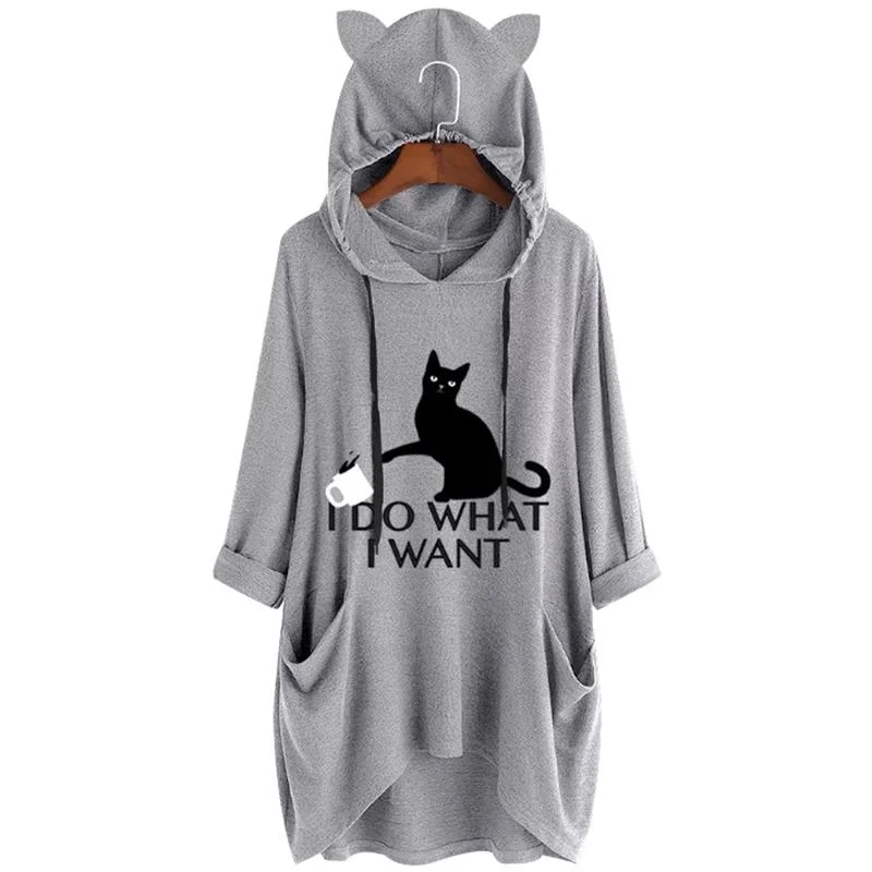WILUXE Women Hoodies Plus Size I Do What I Want Letter Print Cat And Cup Ear Pattern Pocket Sweatshirt Oversized Cute Pullover Femme Hoodie with Strings Custom Fit Adjustable WILUXE Women Hoodies Plus Size I Do What I Want Letter Print Cat And Cup Ear Pattern Pocket Sweatshirt Oversized Cute Pullover Femme Hoodie with Strings Custom Fit Adjustable