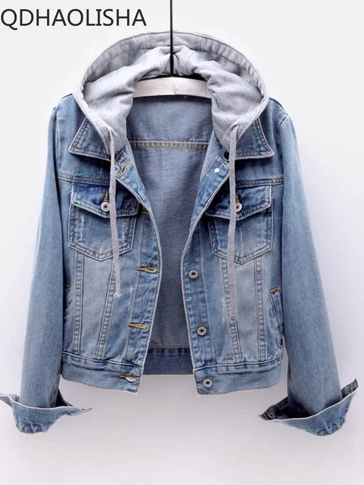 Women's Jacket Denim Coat New in Korean Fashion Slim Versatile Long Sleeve Top Hooded Short Denim Jacket Winter Woman Clothing Welt Pockets Slit Pockets Flap Pockets Women's Jacket Denim Coat New in Korean Fashion Slim Versatile Long Sleeve Top Hooded Short Denim Jacket Winter Woman Clothing Welt Pockets Slit Pockets Flap Pockets