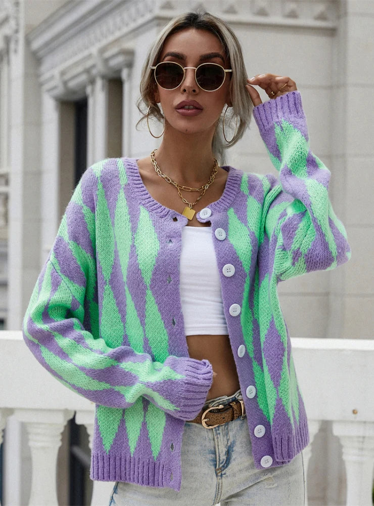 FASHION SINGLE-BREASTED PRINTED ROUND NECK SWEATER COAT Satin Blend Silk Blend Wool Blend FASHION SINGLE-BREASTED PRINTED ROUND NECK SWEATER COAT Satin Blend Silk Blend Wool Blend