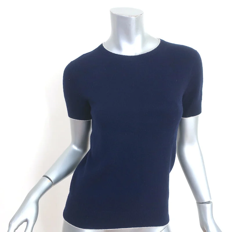 The Row Short Sleeve Sweater Top Navy Piped Knit Size Small Hooded Caped Shawl Collar The Row Short Sleeve Sweater Top Navy Piped Knit Size Small Hooded Caped Shawl Collar