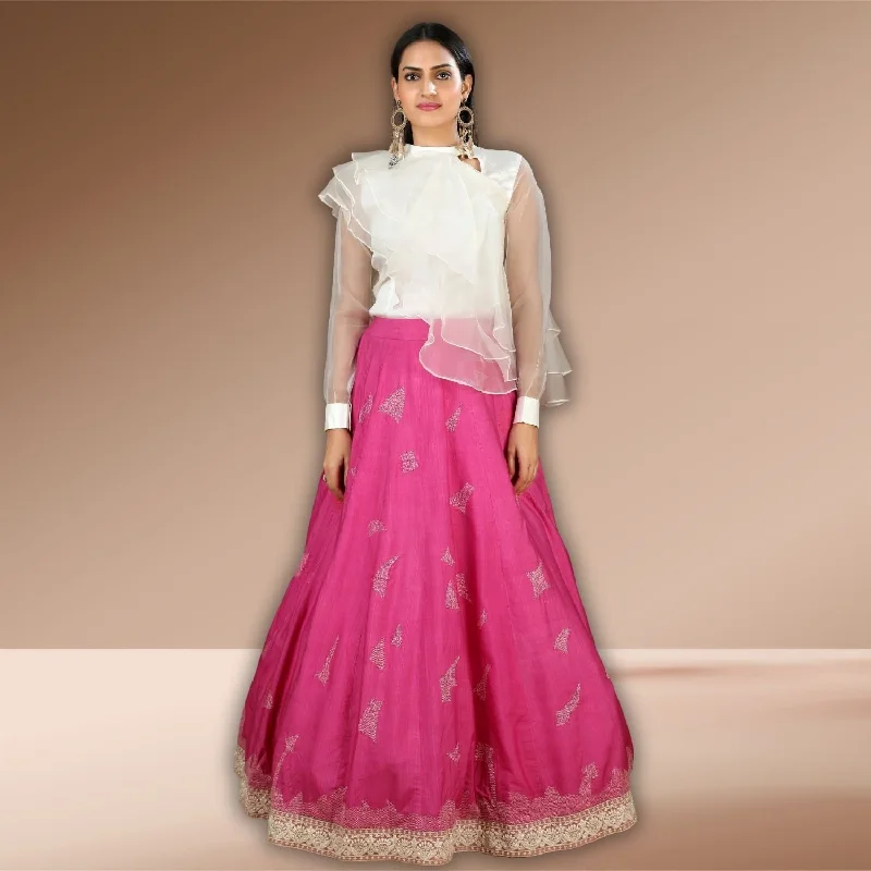 Vani Tussar Eri Silk Lehenga | Sujani Embroidered Skirt & Ruffled Top | Modern Silhouette leather skirt bold Vani Tussar Eri Silk Lehenga | Sujani Embroidered Skirt & Ruffled Top | Modern Silhouette leather skirt bold