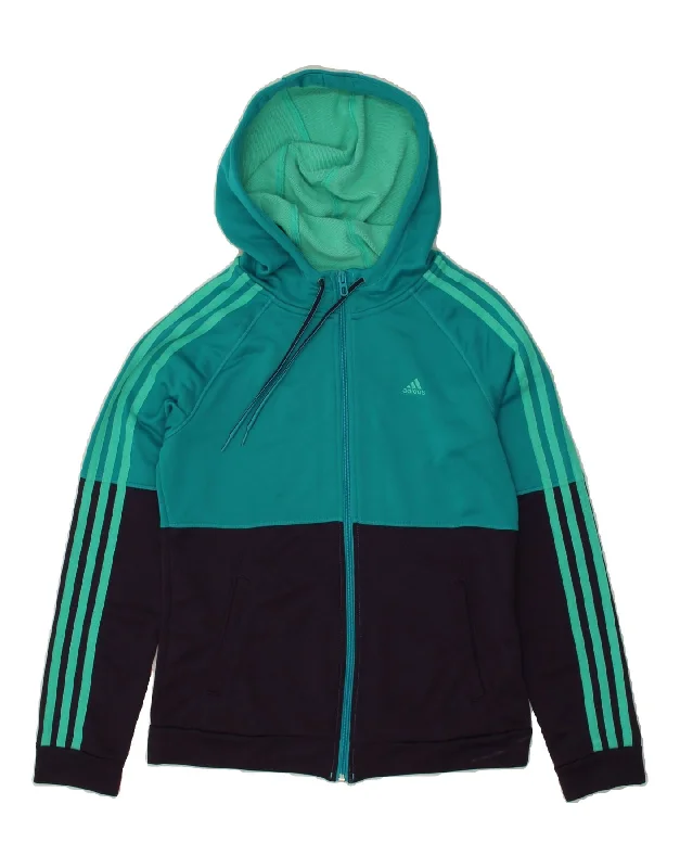 ADIDAS Womens Zip Hoodie Sweater UK 8/10 Small Turquoise Colourblock Hoodie with Raglan Sleeves Sporty Comfortable