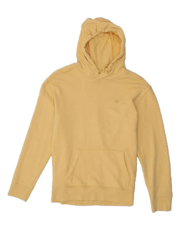 HOLLISTER Womens Hoodie Jumper UK 14 Medium Yellow Cotton Hoodie with Hem Contrast Bold Stylish HOLLISTER Womens Hoodie Jumper UK 14 Medium Yellow Cotton Hoodie with Hem Contrast Bold Stylish
