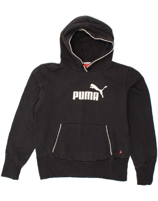 PUMA Womens Graphic Hoodie Jumper UK 10 Small Black Cotton Hoodie with Hem Fringe Bohemian Relaxed PUMA Womens Graphic Hoodie Jumper UK 10 Small Black Cotton Hoodie with Hem Fringe Bohemian Relaxed