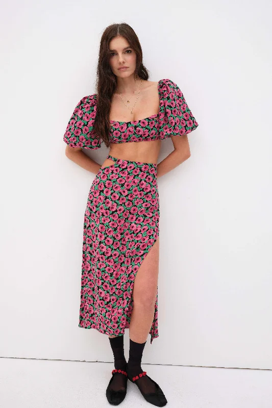For Love & Lemons Barolo Midi Skirt - Red breathable skirt fabric