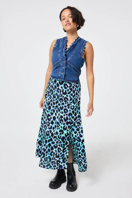 Turquoise with Black and Blue Shadow Leopard Split Front Skirt pleated skirt texture