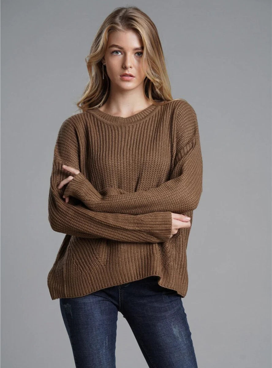 CLASSY LOOSE ROUND NECK LONG SWEATER Jersey Fabric Tulle Fabric Batik Fabric