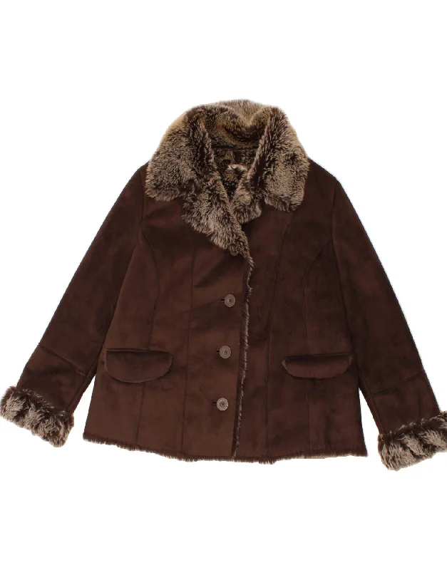 JOHN ROCHA Womens Sherpa Jacket UK 20 2XL Brown Polyester Ribbed Jacket Pleated Jacket Ruffled Jacket JOHN ROCHA Womens Sherpa Jacket UK 20 2XL Brown Polyester Ribbed Jacket Pleated Jacket Ruffled Jacket