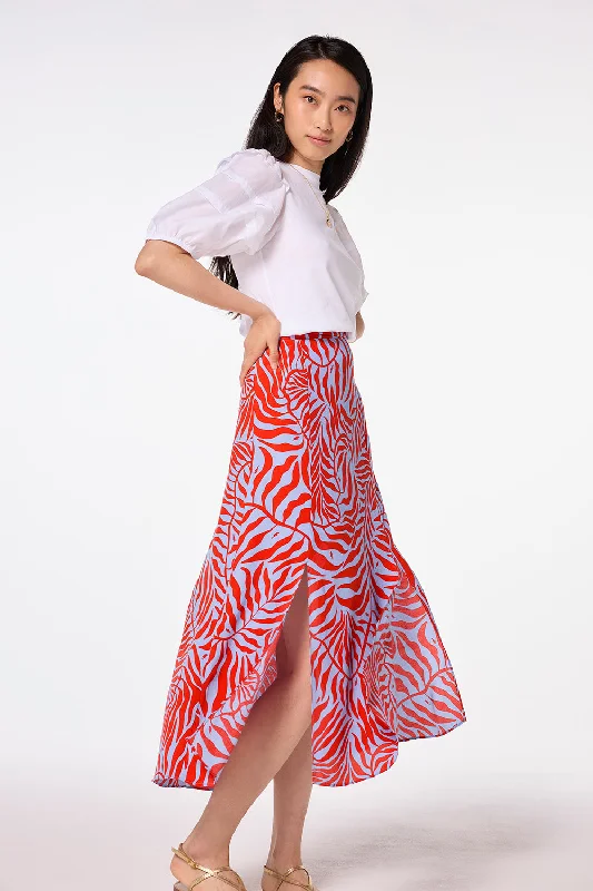 Blue with Red Palm Split Front Skirt silk skirt lustrous