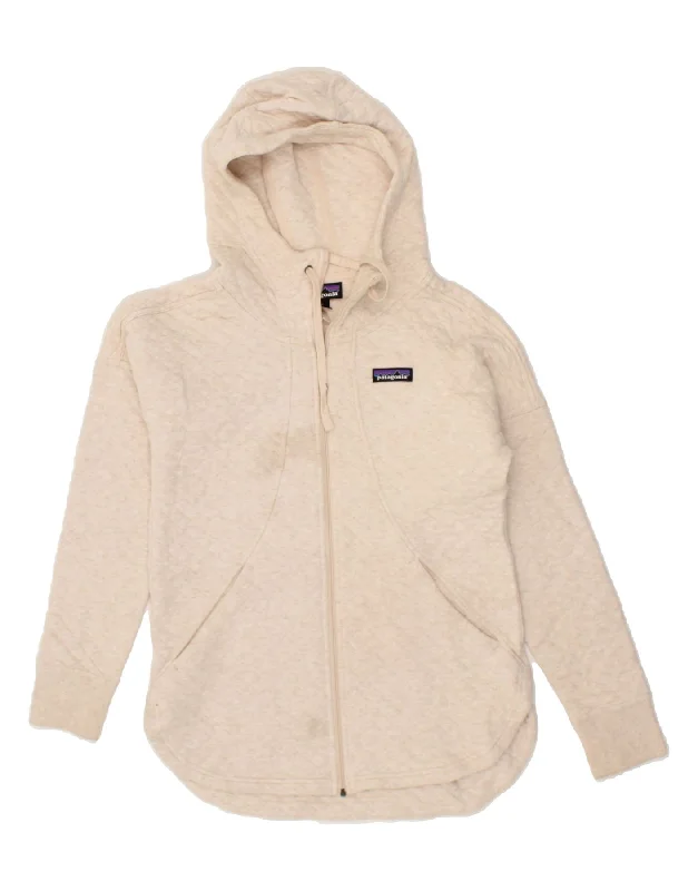 PATAGONIA Womens Zip Hoodie Sweater UK 10 Small Beige Cotton Hoodie with Drawstring Waist Adjustable Fitted PATAGONIA Womens Zip Hoodie Sweater UK 10 Small Beige Cotton Hoodie with Drawstring Waist Adjustable Fitted