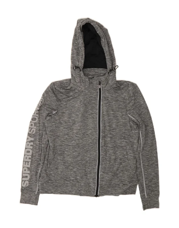 SUPERDRY Womens Graphic Zip Hoodie Sweater UK 14 Large Grey Flecked Hoodie with Color Block Contrast Stylish SUPERDRY Womens Graphic Zip Hoodie Sweater UK 14 Large Grey Flecked Hoodie with Color Block Contrast Stylish