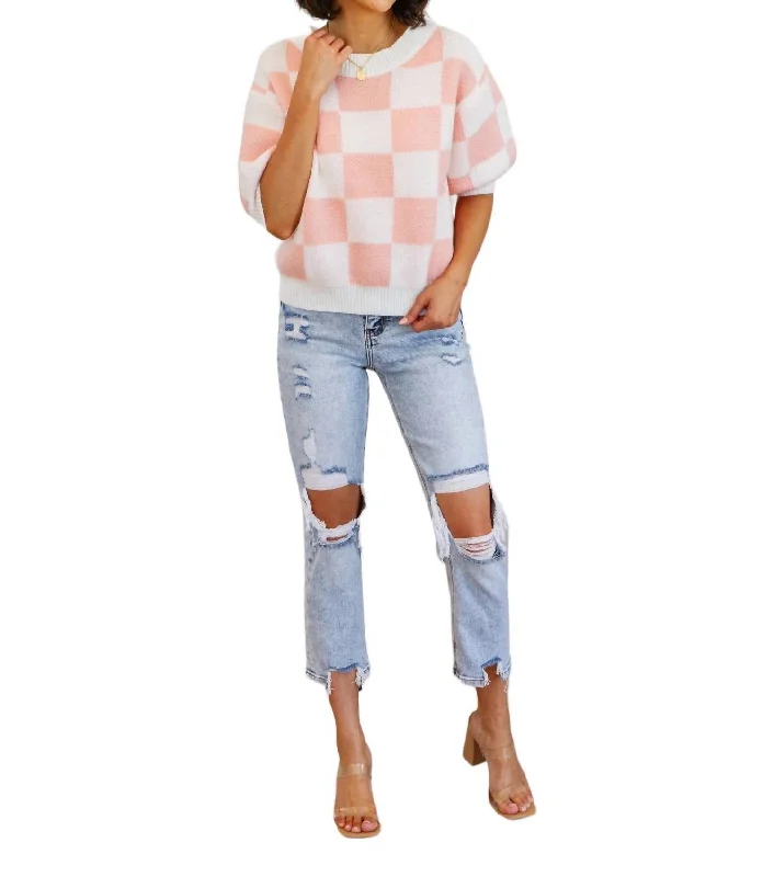 Start Me Up Checkered Sweater In Pink And White Cashmere Blend Cotton Blend Poly Blend Start Me Up Checkered Sweater In Pink And White Cashmere Blend Cotton Blend Poly Blend