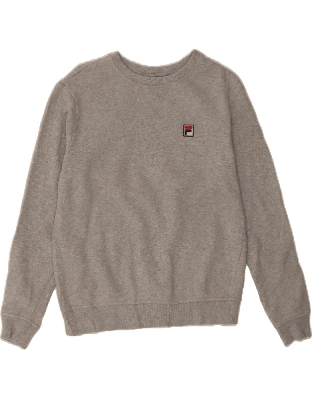 FILA Womens Sweatshirt Jumper UK 10 Small Grey Cotton Hoodie with Distressed Vintage Worn FILA Womens Sweatshirt Jumper UK 10 Small Grey Cotton Hoodie with Distressed Vintage Worn
