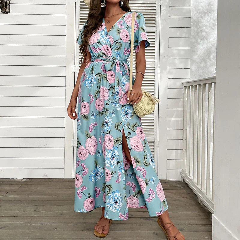 IKEARLAX Cross-border Hot Trade Summer Retro Short Sleeve Beach Dress High Waist Printed Dress Tunics Versatile stylish IKEARLAX Cross-border Hot Trade Summer Retro Short Sleeve Beach Dress High Waist Printed Dress Tunics Versatile stylish