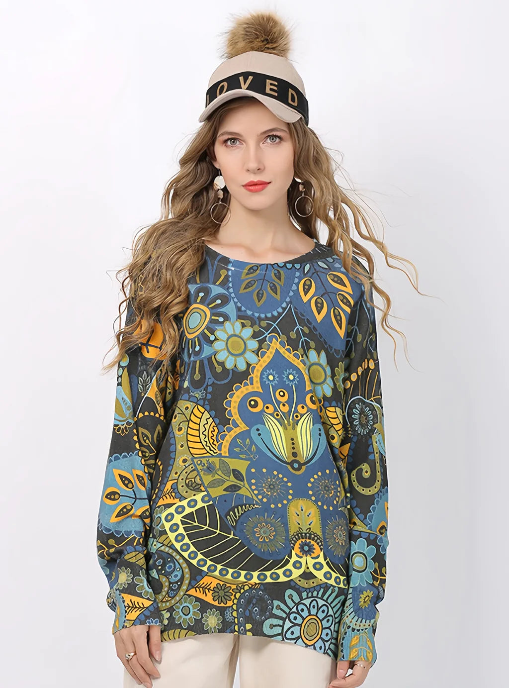 CLASSY RETRO PRINTED ROUND NECK LOOSE SWEATER Rayon Fabric Velvet Fabric Corduroy Fabric CLASSY RETRO PRINTED ROUND NECK LOOSE SWEATER Rayon Fabric Velvet Fabric Corduroy Fabric