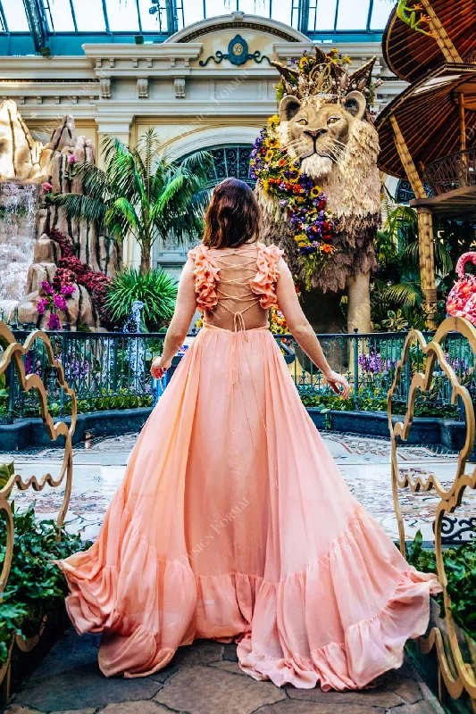 Designer Ruffled Straps Peach Chiffon A-line Fairy Prom Dress Tunics Fashionable chic Designer Ruffled Straps Peach Chiffon A-line Fairy Prom Dress Tunics Fashionable chic