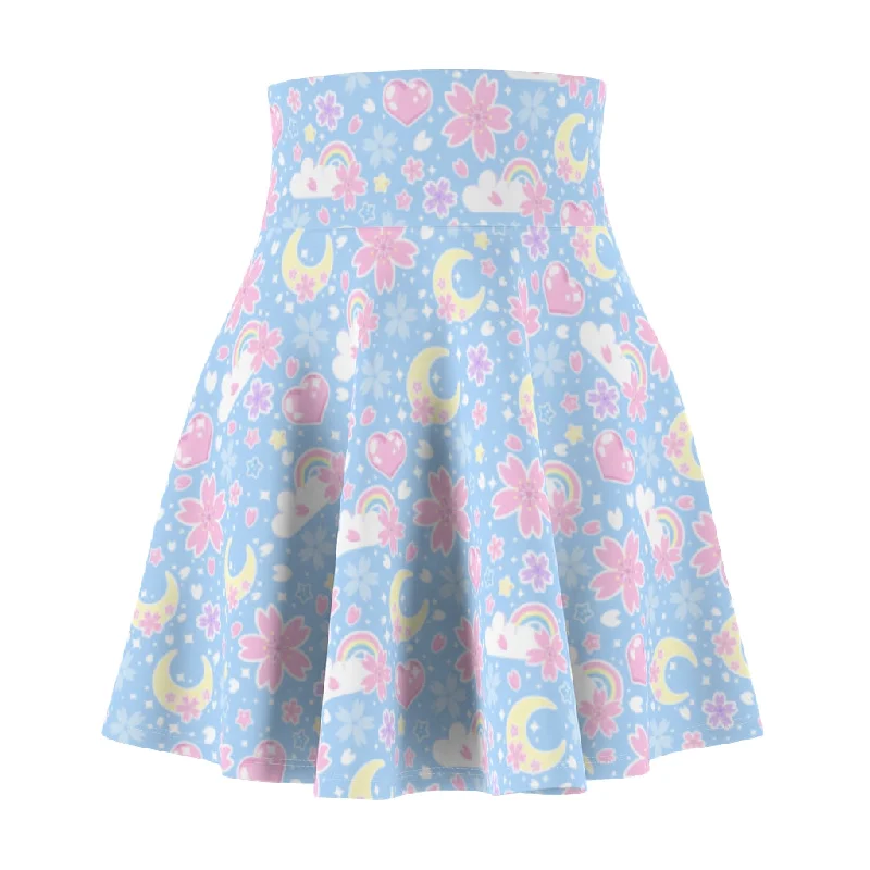 Cherry Blossom Dreams Blue High Waist Skater Skirt silk skirt elegant