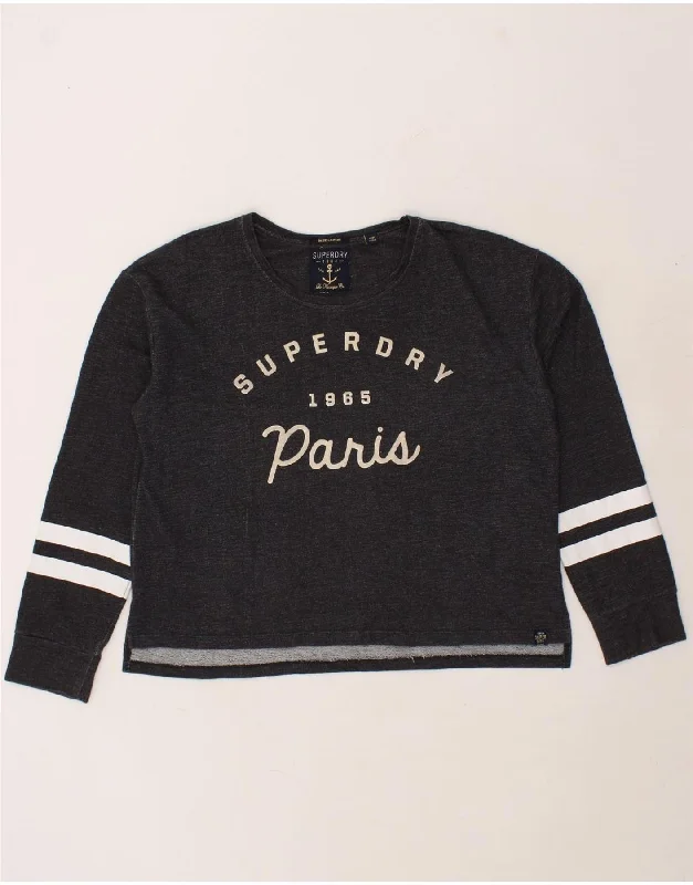 SUPERDRY Womens Graphic Sweatshirt Jumper UK 16 Large Grey Cotton Hoodie with Raw Hem Edgy Unfinished SUPERDRY Womens Graphic Sweatshirt Jumper UK 16 Large Grey Cotton Hoodie with Raw Hem Edgy Unfinished