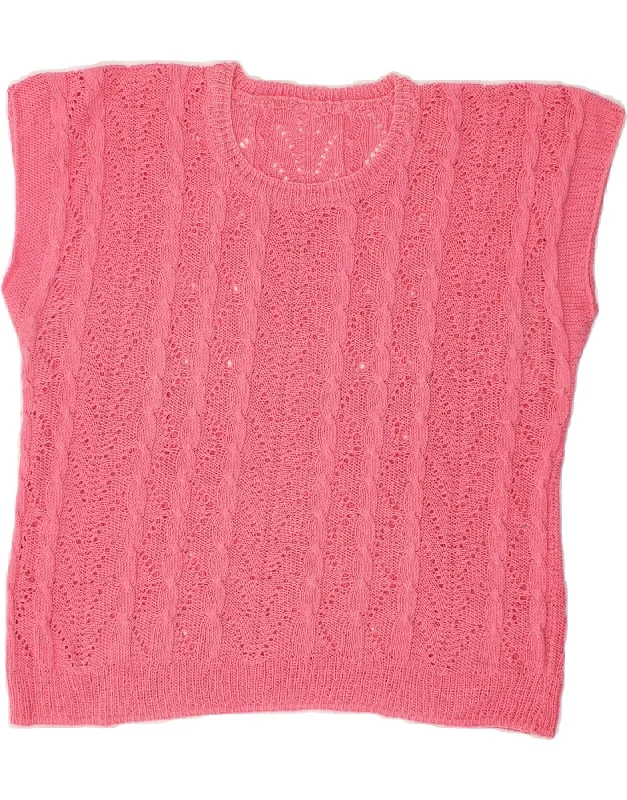 VINTAGE Womens Short Sleeve Crew Neck Jumper Sweater UK 16 Large Pink Houndstooth Herringbone Solid VINTAGE Womens Short Sleeve Crew Neck Jumper Sweater UK 16 Large Pink Houndstooth Herringbone Solid