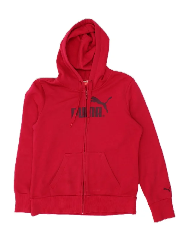 PUMA Womens Graphic Zip Hoodie Sweater UK 12 Medium  Red Cotton Fitted Slim Tailored