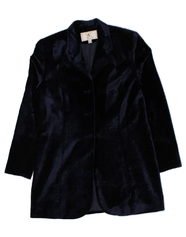 VINTAGE Womens Longline 3 Button Blazer Jacket UK 14 Large Navy Blue Bomber Jacket Anorak Windbreaker VINTAGE Womens Longline 3 Button Blazer Jacket UK 14 Large Navy Blue Bomber Jacket Anorak Windbreaker