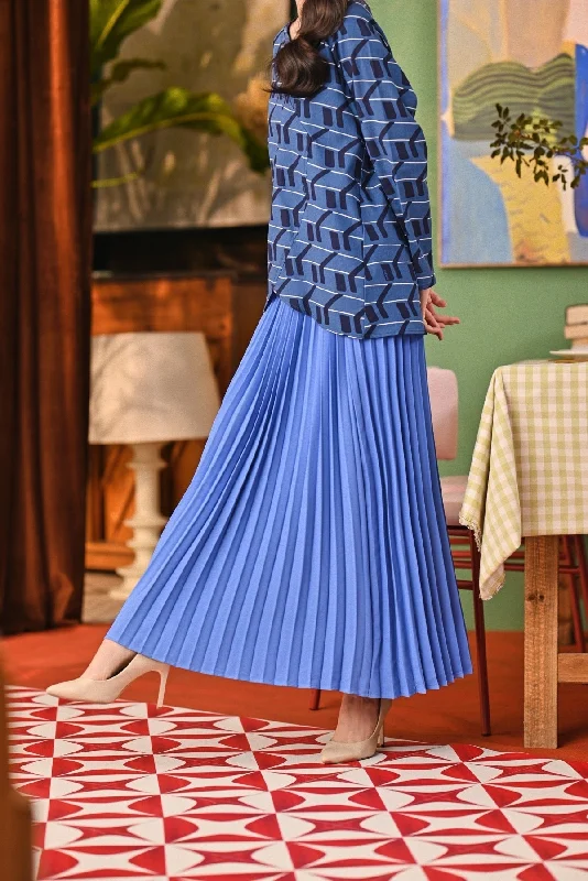 The Capai Women Sun-Pleats Skirt - Steel Blue high slit skirt