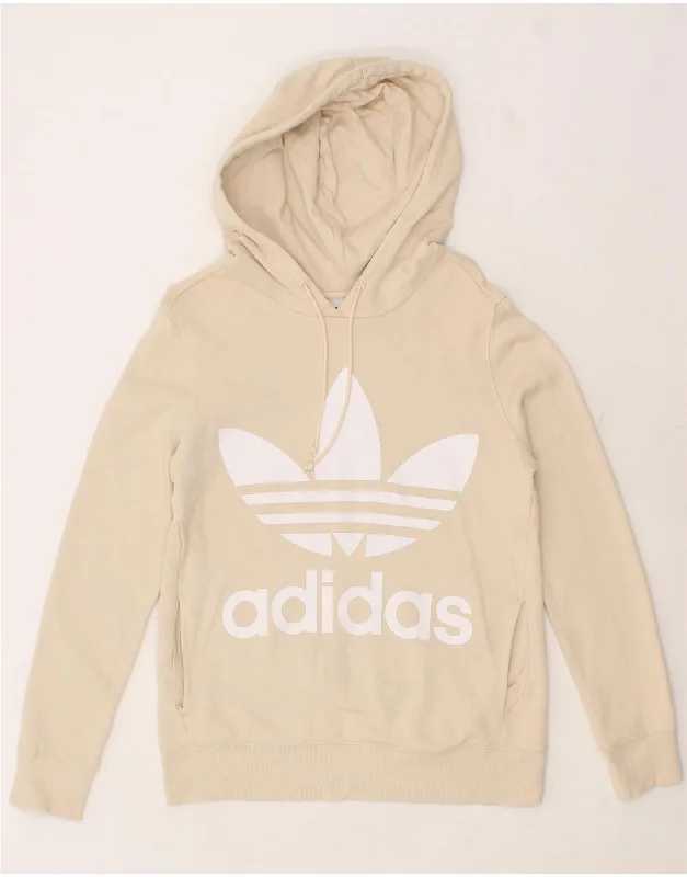 ADIDAS Womens Graphic Hoodie Jumper UK 10 Small Beige Cotton Hoodie with Frayed Bohemian Relaxed ADIDAS Womens Graphic Hoodie Jumper UK 10 Small Beige Cotton Hoodie with Frayed Bohemian Relaxed