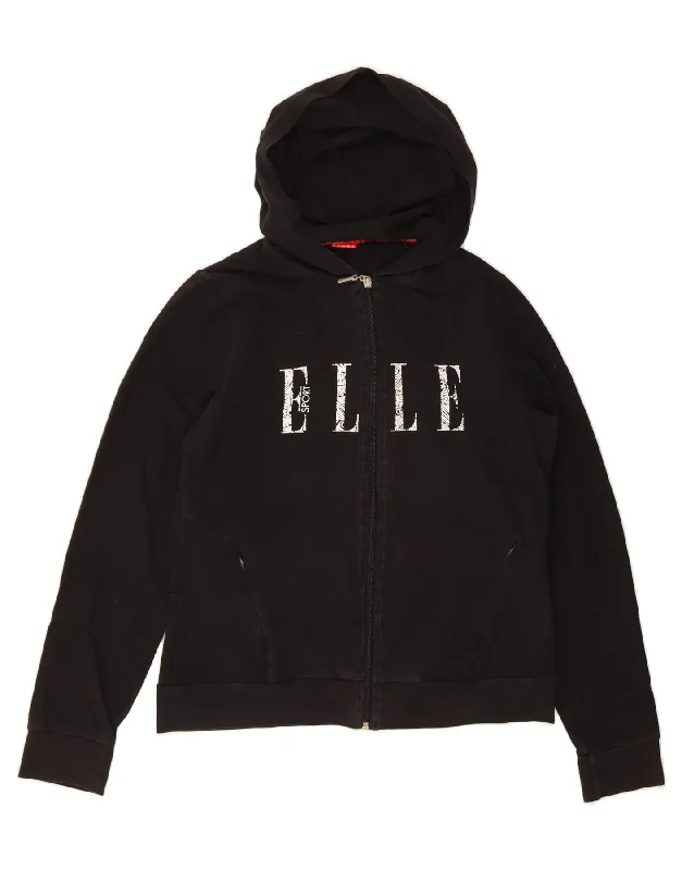 ELLE SPORT Womens Graphic Zip Hoodie Sweater UK 16 Large Black Cotton Hoodie with Zipper Placket Modern Functional ELLE SPORT Womens Graphic Zip Hoodie Sweater UK 16 Large Black Cotton Hoodie with Zipper Placket Modern Functional