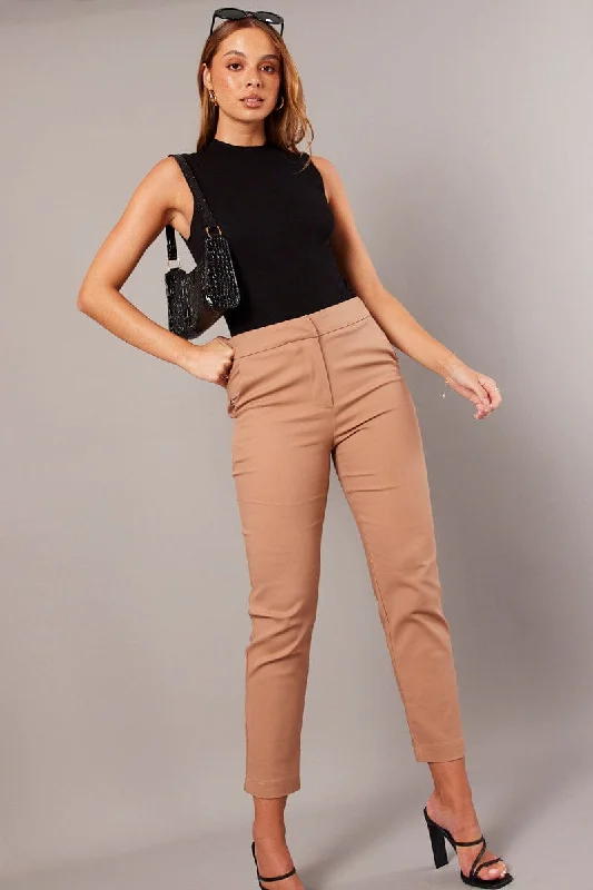 Brown Slim Pants High Rise Casual Skinny Fit Pants