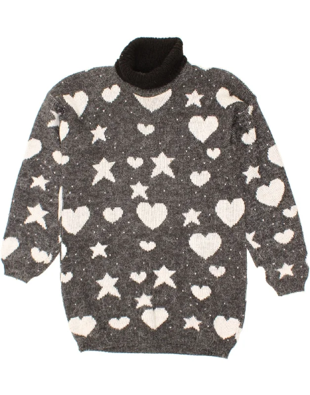 VINTAGE Womens Graphic Roll Neck Jumper Sweater UK 14 Large Grey Heart Wool Fabric Cashmere Fabric Tweed Fabric VINTAGE Womens Graphic Roll Neck Jumper Sweater UK 14 Large Grey Heart Wool Fabric Cashmere Fabric Tweed Fabric