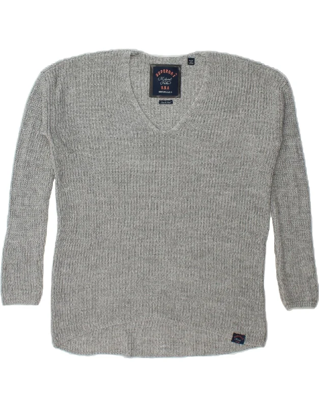 SUPERDRY Womens Oversized V-Neck Jumper Sweater UK 6 XS Grey Acrylic Chenille Brocade Lace SUPERDRY Womens Oversized V-Neck Jumper Sweater UK 6 XS Grey Acrylic Chenille Brocade Lace