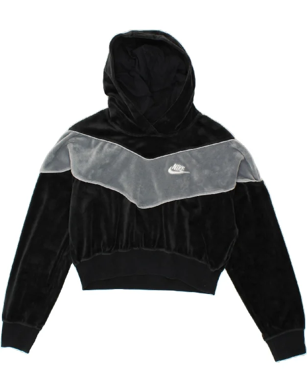 NIKE Womens Velvet Hoodie Jumper UK 6 XS Black Colourblock Polyester Hoodie with Metallic Shiny Futuristic NIKE Womens Velvet Hoodie Jumper UK 6 XS Black Colourblock Polyester Hoodie with Metallic Shiny Futuristic