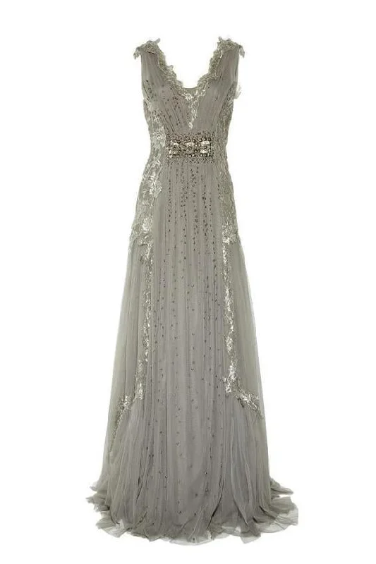 A Line V Neck Ruffles Tulle Gray Prom Dresses Long Sequins Evening Dresses