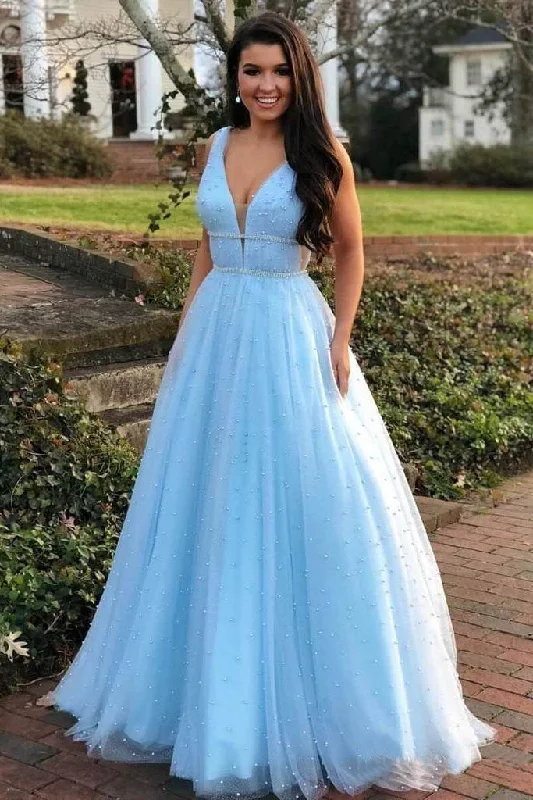 A Line V Neck Tulle Light Blue Prom Dresses Floor Length Beads Evening Gowns